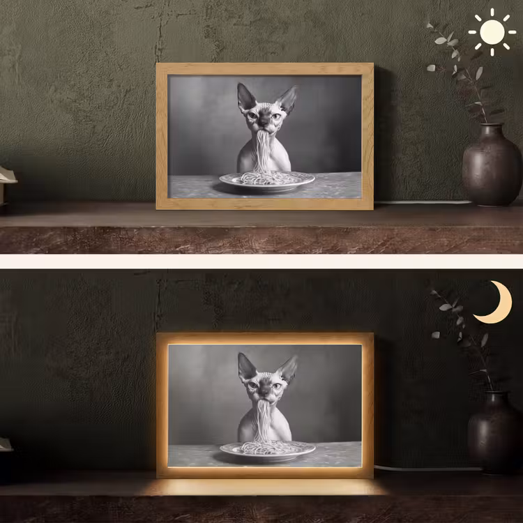 Sphynx - Kat - Dieren - Humor - Spaghetti - Zwart Wit Light Box met kabel (Tafellamp) klein -sfeer3