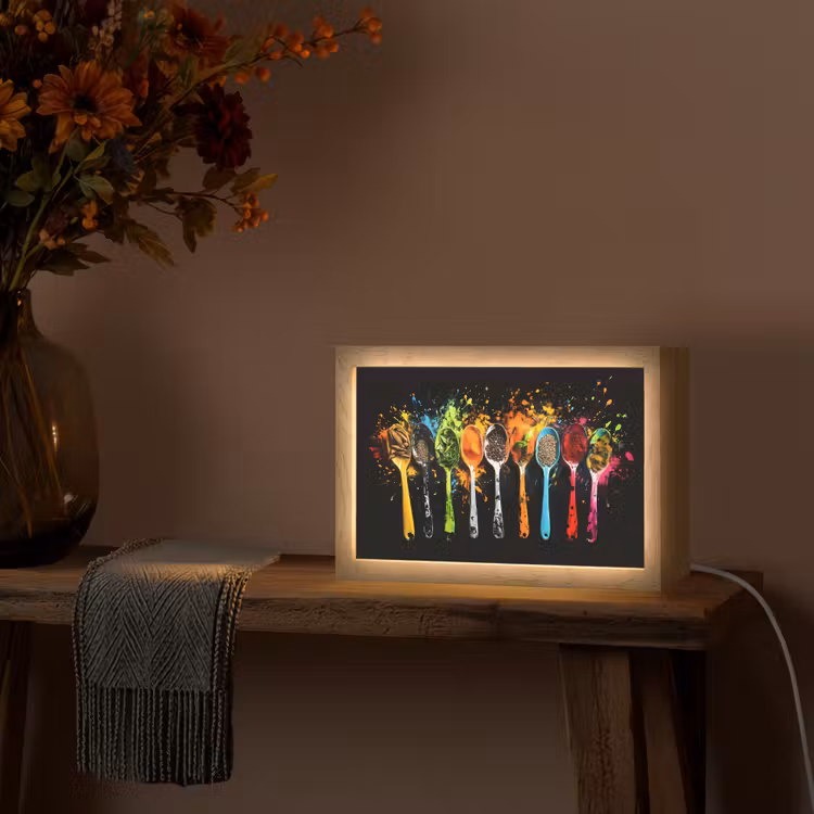 Lepels - Kruiden - Modern - Graffiti - Verf - Kleurrijk Light Box met kabel (Tafellamp) klein -sfeer4