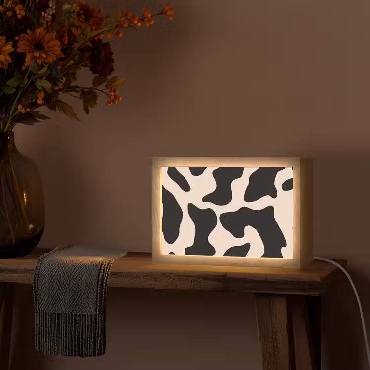 Vlekkenpatroon - Koe - Beige Light Box met kabel (Tafellamp) klein -sfeer4