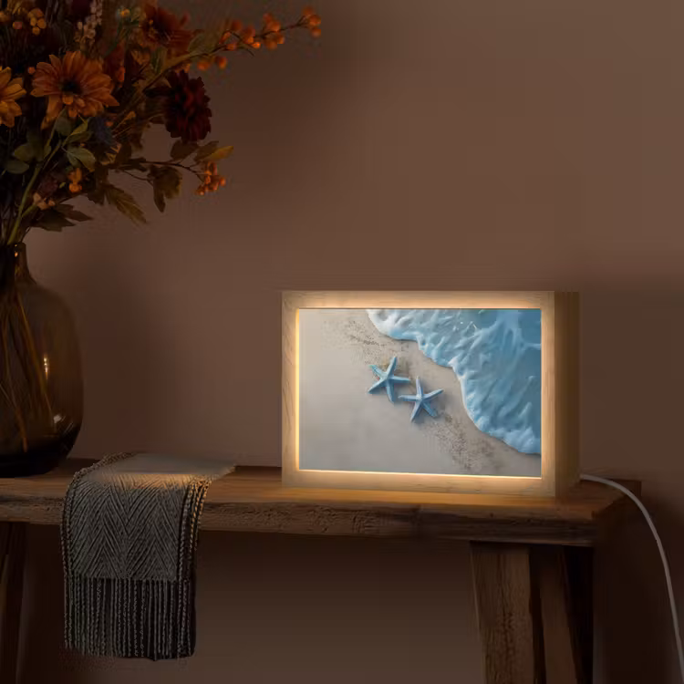 Zeesterren - Zand - Zee - Blauw Light Box met kabel (Tafellamp) klein -sfeer4