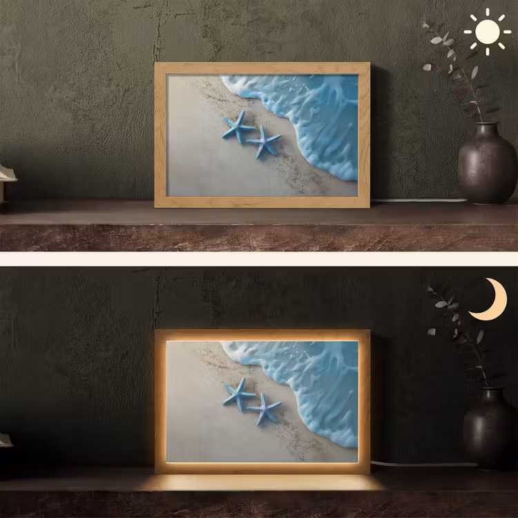 Zeesterren - Zand - Zee - Blauw Light Box met kabel (Tafellamp) klein -sfeer3