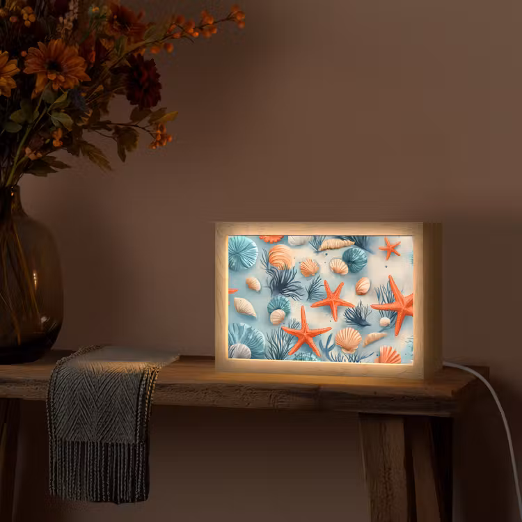 Zeesterren - Schelpen - Illustratie - Zand Light Box met kabel (Tafellamp) klein -sfeer4