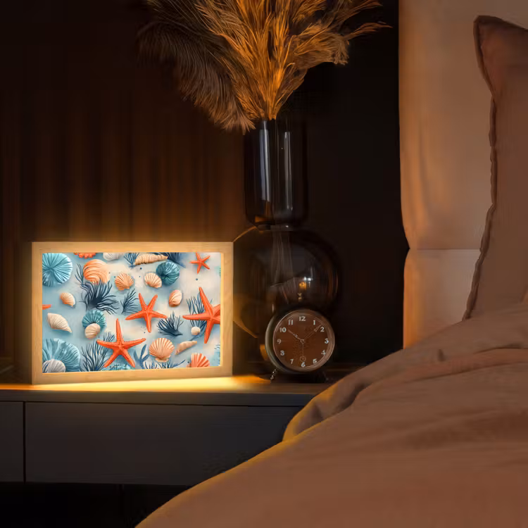 Zeesterren - Schelpen - Illustratie - Zand Light Box met kabel (Tafellamp) klein -sfeer1