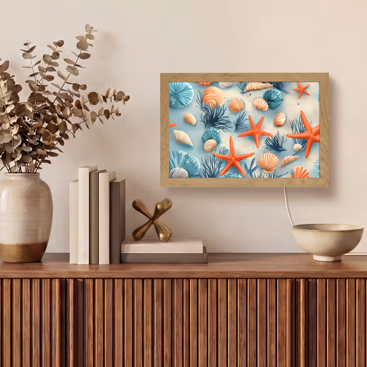 Zeesterren - Schelpen - Illustratie - Zand Light Box met kabel (Tafellamp) klein -sfeer2