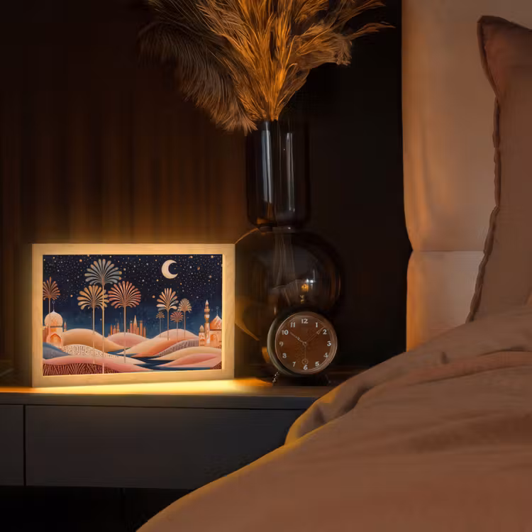 Sterrenhemel - Palmen - Rivier Light Box met kabel (Tafellamp) klein -sfeer1