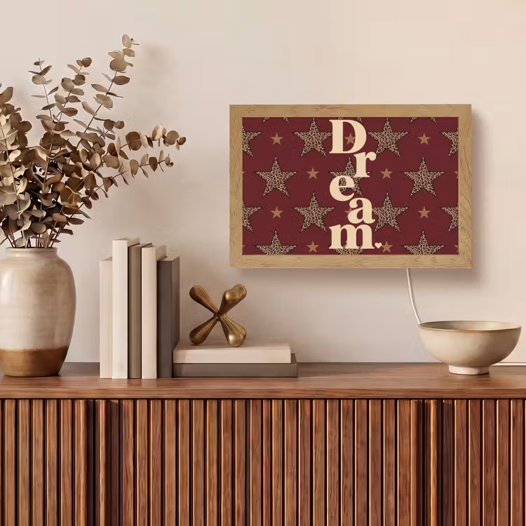 Sterren - Luipaardprint - Dream - Bordeaux Light Box met kabel (Tafellamp) klein -sfeer2