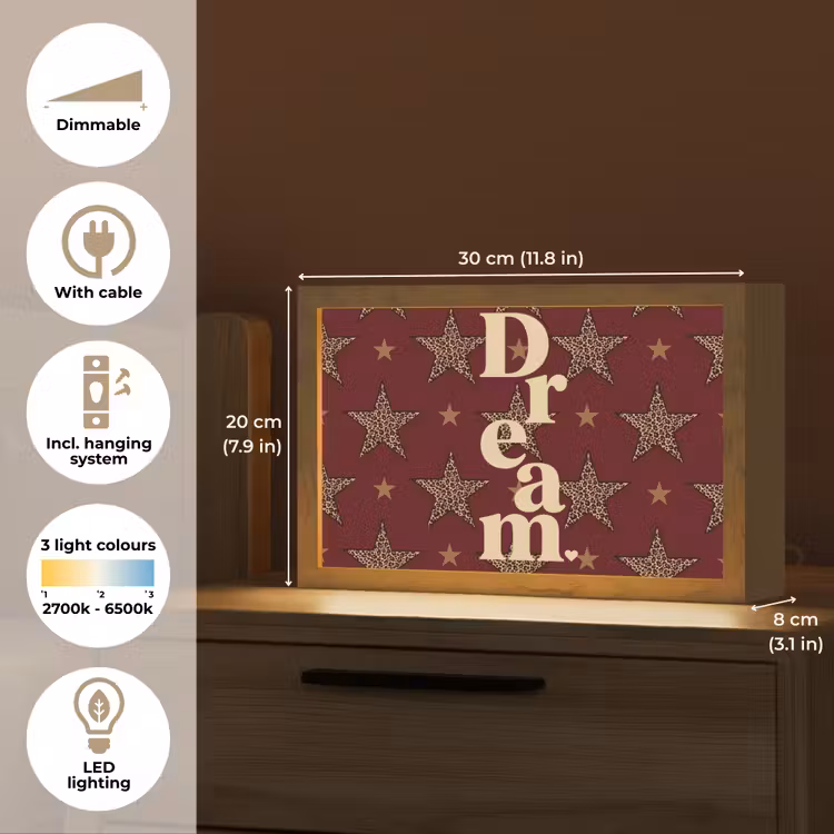 Sterren - Luipaardprint - Dream - Bordeaux Light Box met kabel (Tafellamp) klein -USP_EN