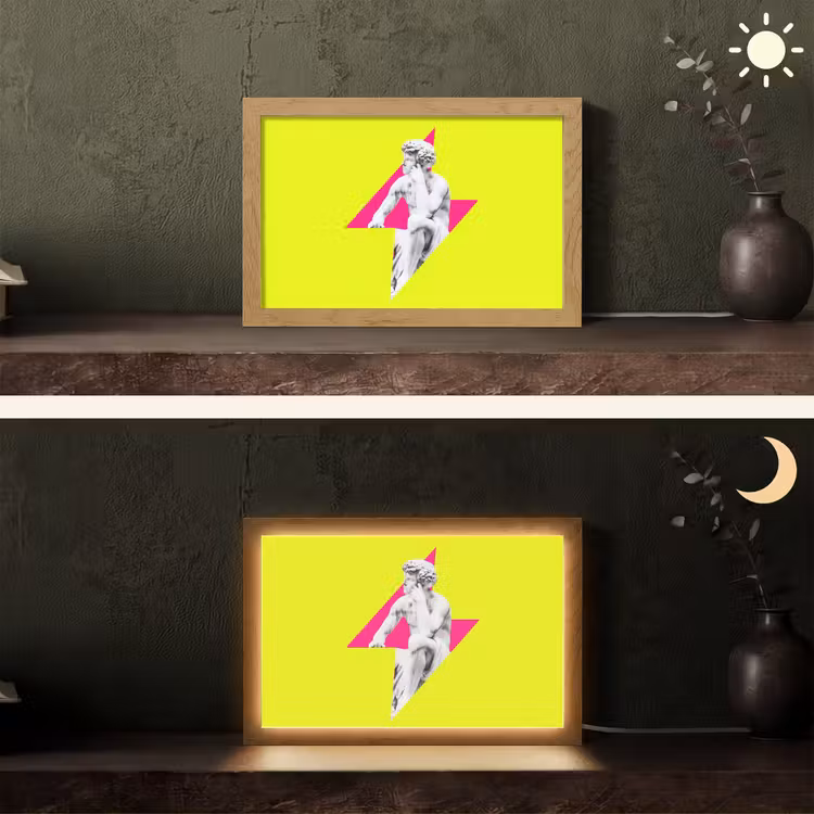 Beeld - Man - Bliksemschicht - Geel Light Box met kabel (Tafellamp) klein -sfeer3