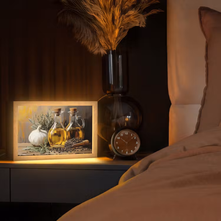 Stilleven - Olijfolie - Knoflook - Kruiden Light Box met kabel (Tafellamp) klein -sfeer1