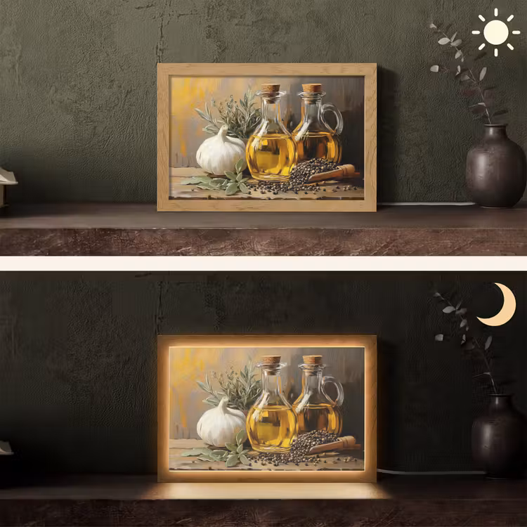 Stilleven - Olijfolie - Knoflook - Kruiden Light Box met kabel (Tafellamp) klein -sfeer3