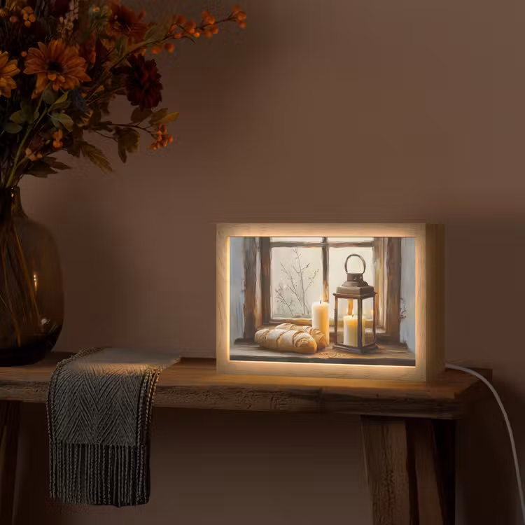 Stilleven - Rustiek - Kaarsen - Broden - Raam Light Box met kabel (Tafellamp) klein -sfeer4