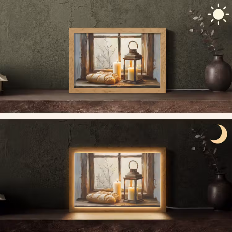 Stilleven - Rustiek - Kaarsen - Broden - Raam Light Box met kabel (Tafellamp) klein -sfeer3