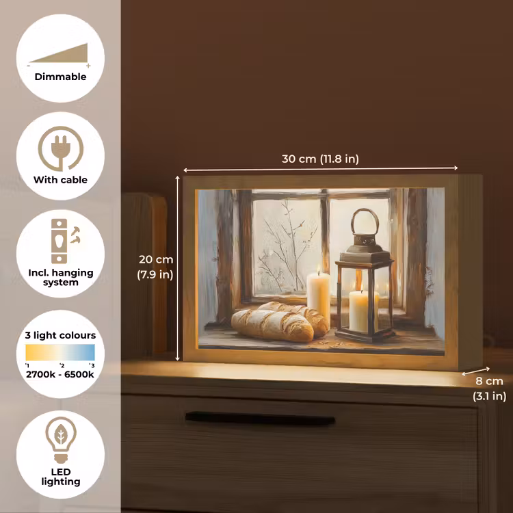 Stilleven - Rustiek - Kaarsen - Broden - Raam Light Box met kabel (Tafellamp) klein -USP_EN