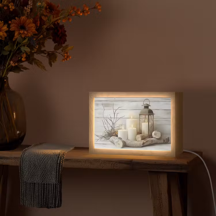 Stilleven - Wit - Kaarsen - Rustiek - Natuur Light Box met kabel (Tafellamp) klein -sfeer4