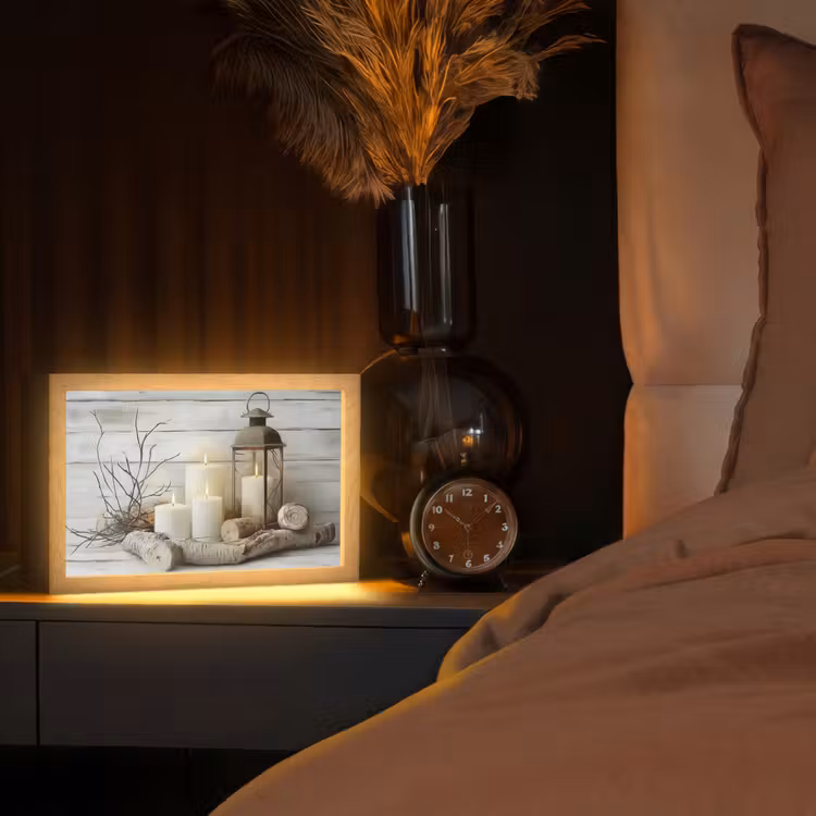 Stilleven - Wit - Kaarsen - Rustiek - Natuur Light Box met kabel (Tafellamp) klein -sfeer1