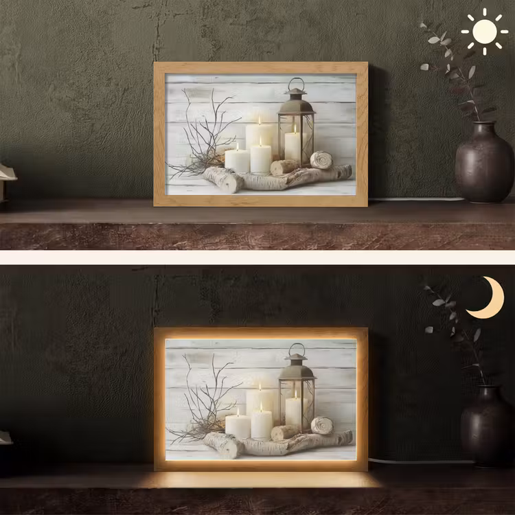 Stilleven - Wit - Kaarsen - Rustiek - Natuur Light Box met kabel (Tafellamp) klein -sfeer3