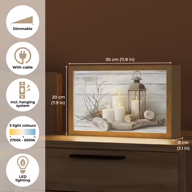 Stilleven - Wit - Kaarsen - Rustiek - Natuur Light Box met kabel (Tafellamp) klein -USP_EN