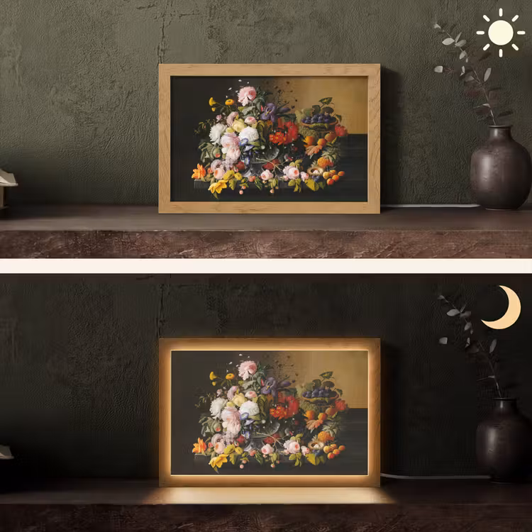 Stilleven met bloemen en fruit - Kunstwerk - Oude meesters Light Box met kabel (Tafellamp) klein -sfeer3
