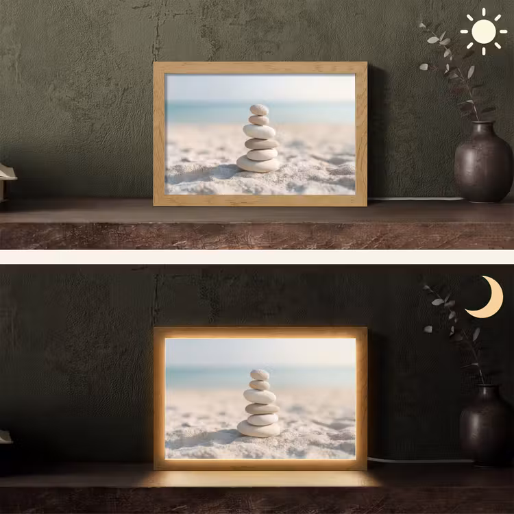 Stenen - Stapel - Zand - Zee Light Box met kabel (Tafellamp) klein -sfeer3