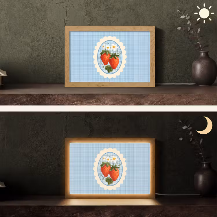 Aardbeien - Lijst - Rood - Geruit Light Box met kabel (Tafellamp) klein -sfeer3