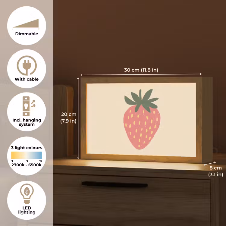 Aardbei - Minimalistisch - Rood - Fruit Light Box met kabel (Tafellamp) klein -USP_EN