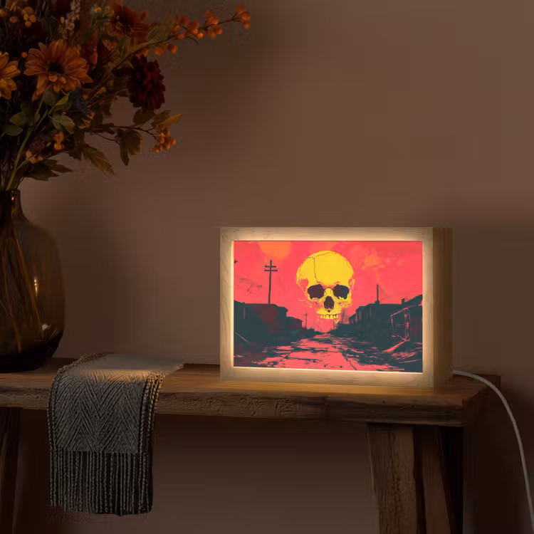 Straat - Verlaten - Schedel - Geel Light Box met kabel (Tafellamp) klein -sfeer4