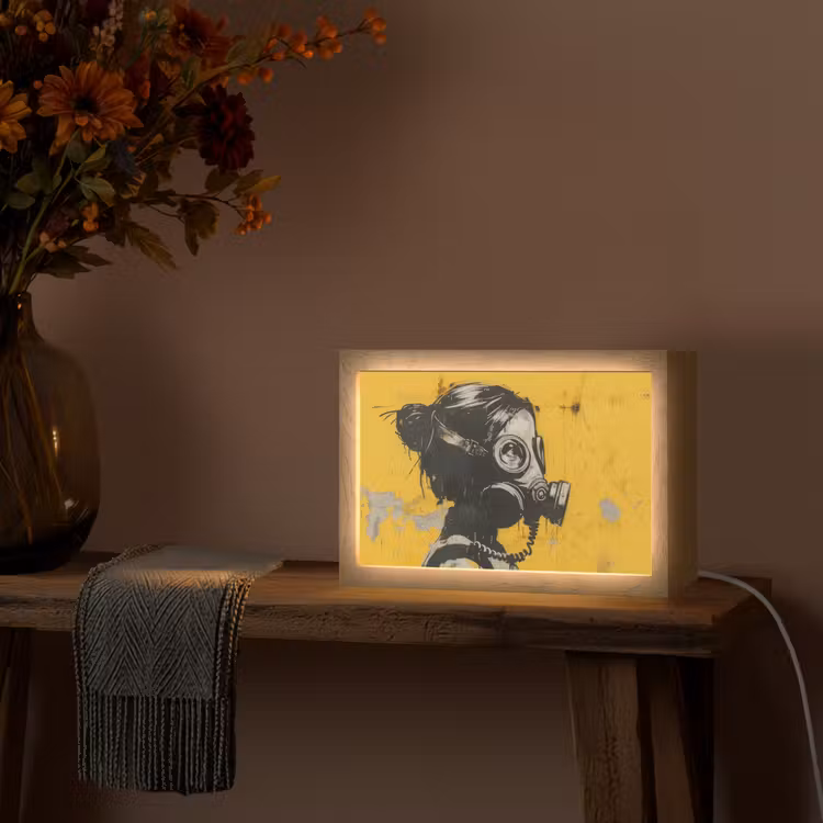 Street art - Meisje - Geel - Banksy Style Light Box met kabel (Tafellamp) klein -sfeer4