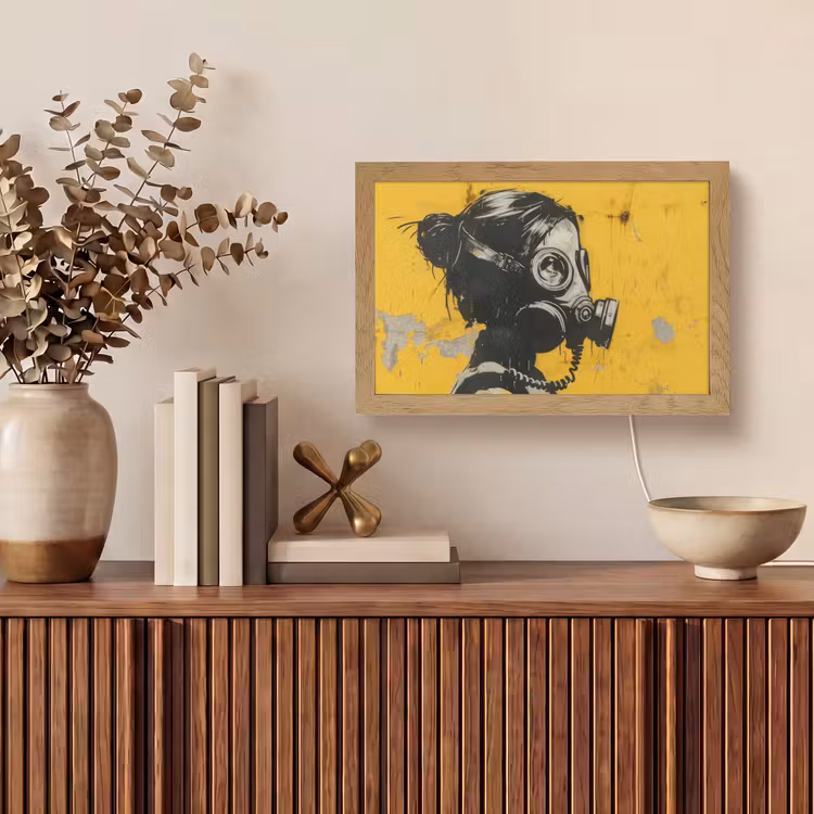 Street art - Meisje - Geel - Banksy Style Light Box met kabel (Tafellamp) klein -sfeer2