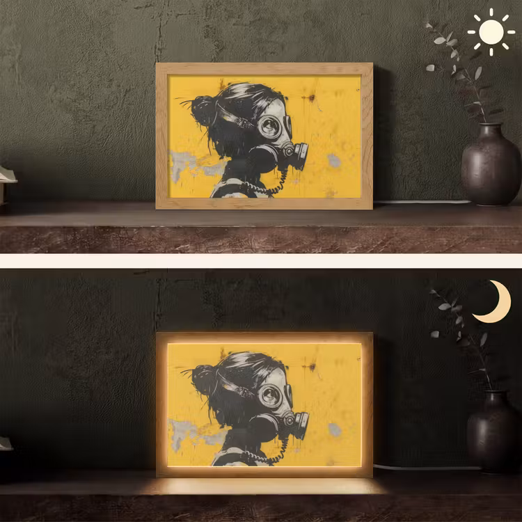 Street art - Meisje - Geel - Banksy Style Light Box met kabel (Tafellamp) klein -sfeer3