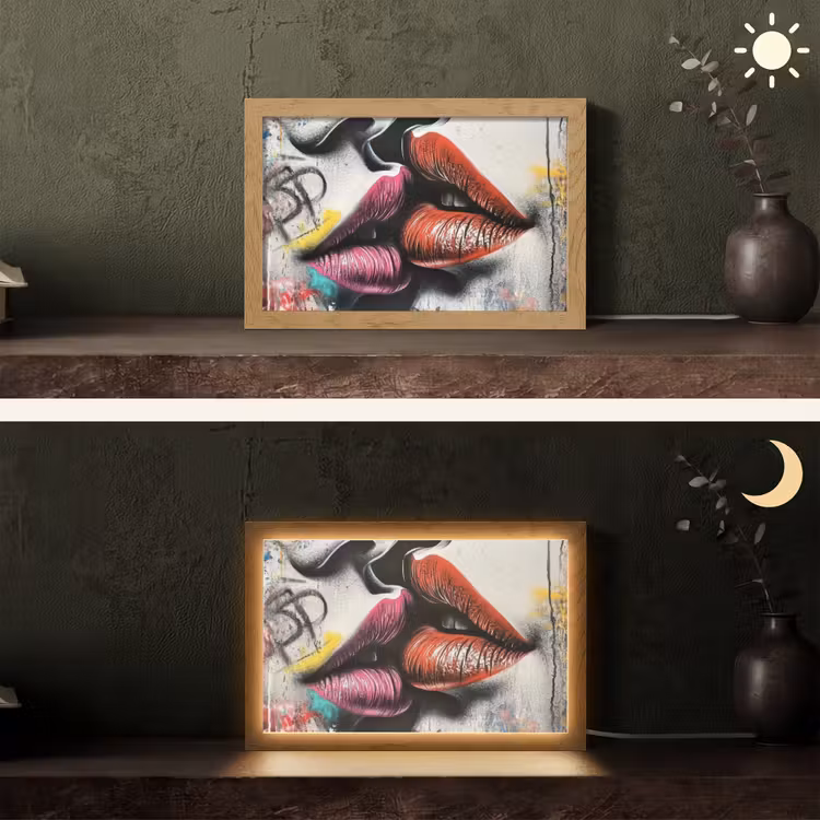 Street art - Lippen - Kus - Graffiti Light Box met kabel (Tafellamp) klein -sfeer3