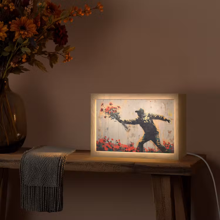 Street art - Man - Bloemen - Graffiti - Banksy Style Light Box met kabel (Tafellamp) klein -sfeer4
