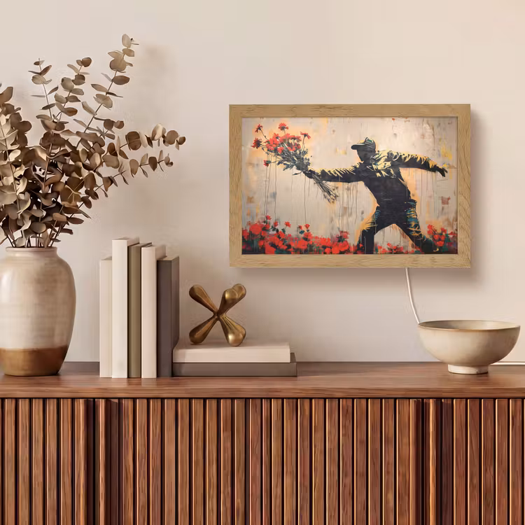 Street art - Man - Bloemen - Graffiti - Banksy Style Light Box met kabel (Tafellamp) klein -sfeer2