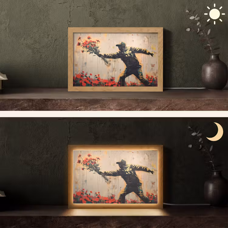 Street art - Man - Bloemen - Graffiti - Banksy Style Light Box met kabel (Tafellamp) klein -sfeer3