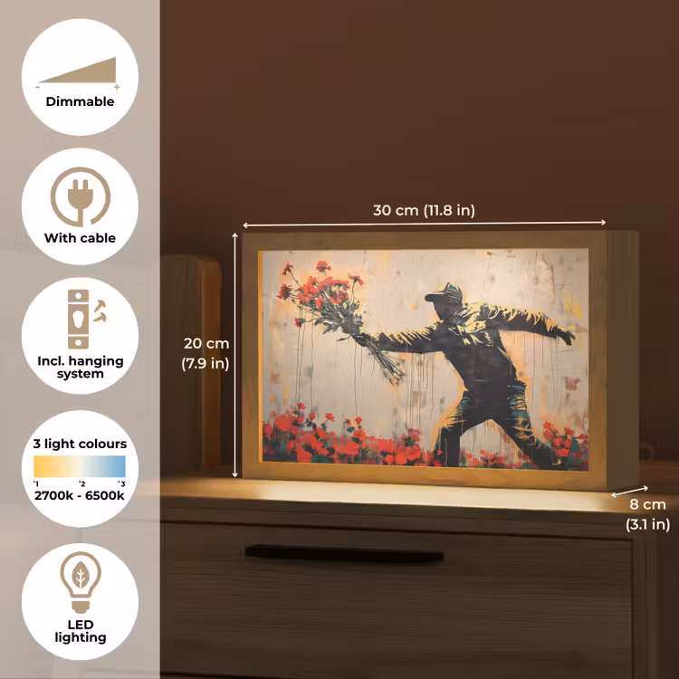 Street art - Man - Bloemen - Graffiti - Banksy Style Light Box met kabel (Tafellamp) klein -USP_EN