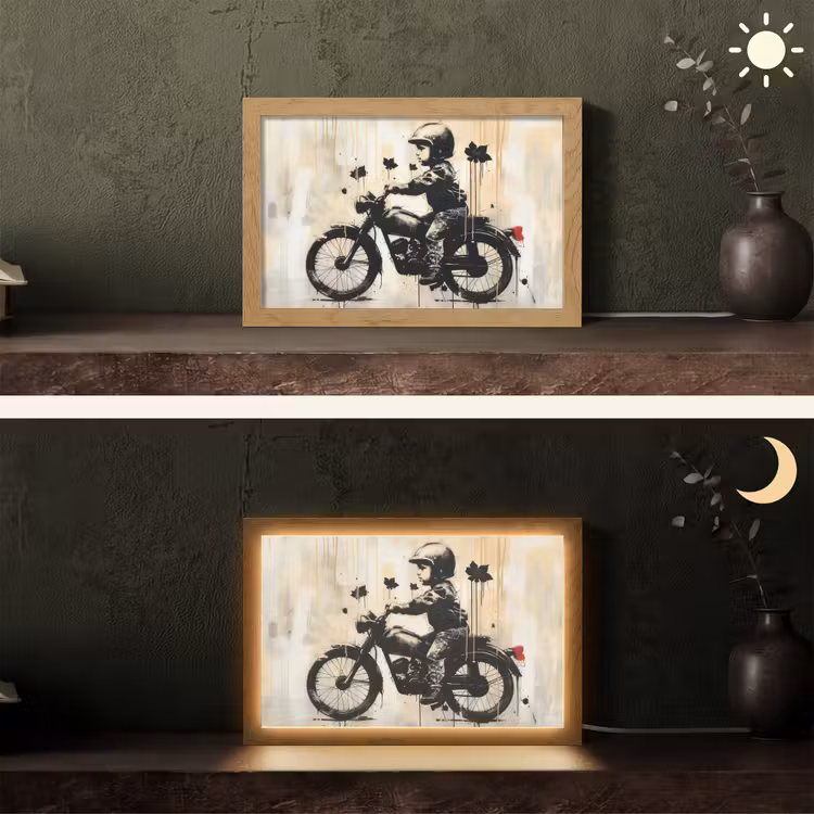 Street art - Motor - Jongen - Graffiti - Banksy Style Light Box met kabel (Tafellamp) klein -sfeer3