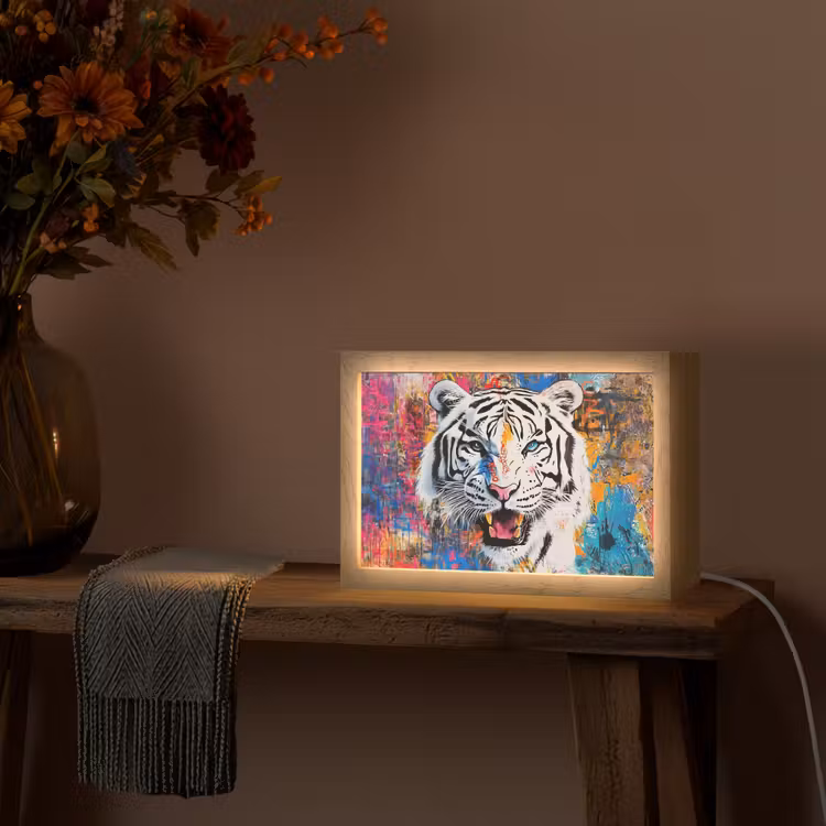 Street art - Tijger - Wit - Graffiti - Dieren Light Box met kabel (Tafellamp) klein -sfeer4