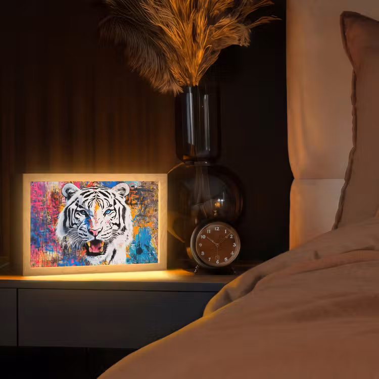 Street art - Tijger - Wit - Graffiti - Dieren Light Box met kabel (Tafellamp) klein -sfeer1
