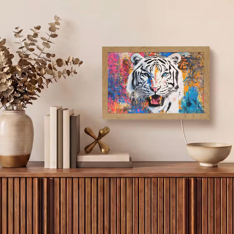 Street art - Tijger - Wit - Graffiti - Dieren Light Box met kabel (Tafellamp) klein -sfeer2