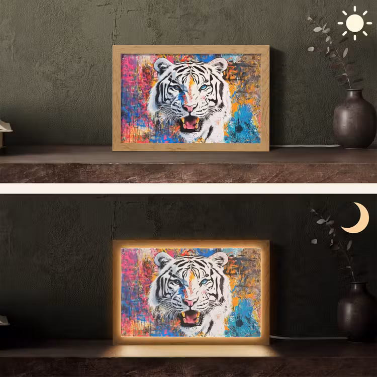Street art - Tijger - Wit - Graffiti - Dieren Light Box met kabel (Tafellamp) klein -sfeer3