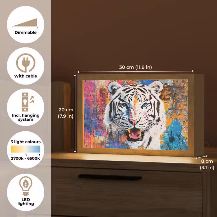 Street art - Tijger - Wit - Graffiti - Dieren Light Box met kabel (Tafellamp) klein -USP_EN