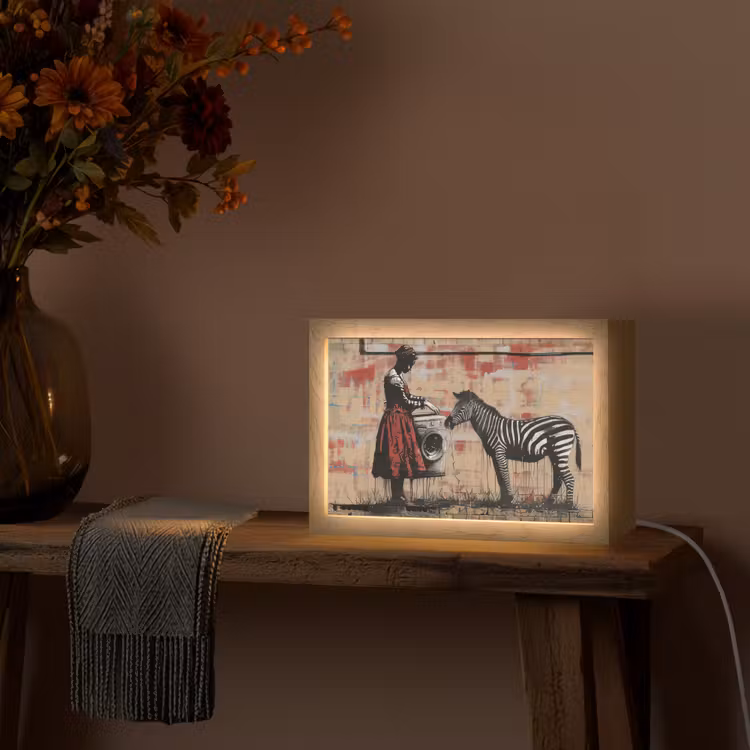 Street art - Zebra - Vrouw - Dieren - Graffiti - Banksy Style Light Box met kabel (Tafellamp) klein -sfeer4