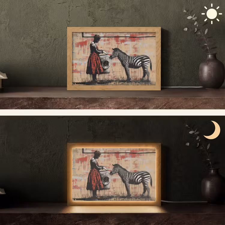 Street art - Zebra - Vrouw - Dieren - Graffiti - Banksy Style Light Box met kabel (Tafellamp) klein -sfeer3