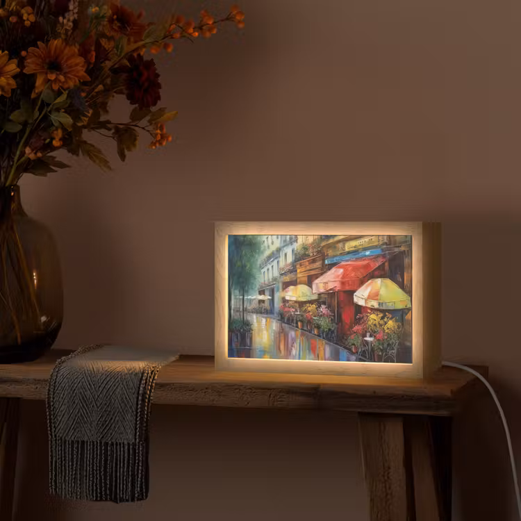 Straat - Olieverf - Kleurrijk - Stad Light Box met kabel (Tafellamp) klein -sfeer4