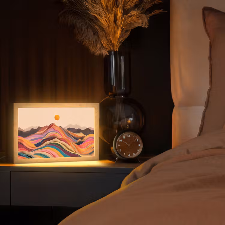 Zon - Kleurrijk landschap - Bergen Light Box met kabel (Tafellamp) klein -sfeer1