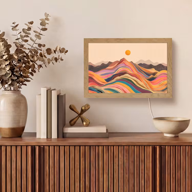 Zon - Kleurrijk landschap - Bergen Light Box met kabel (Tafellamp) klein -sfeer2