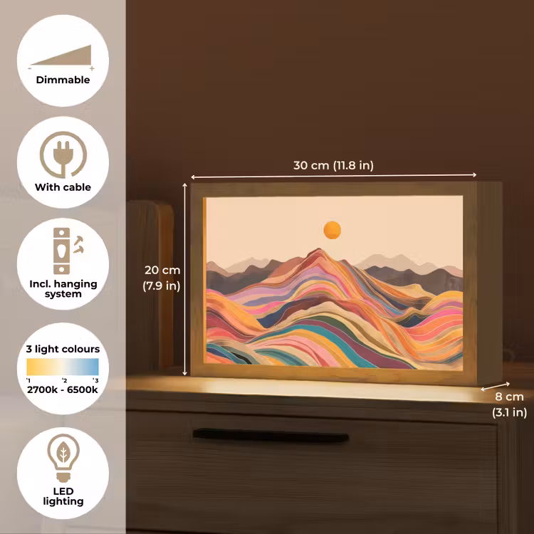 Zon - Kleurrijk landschap - Bergen Light Box met kabel (Tafellamp) klein -USP_EN