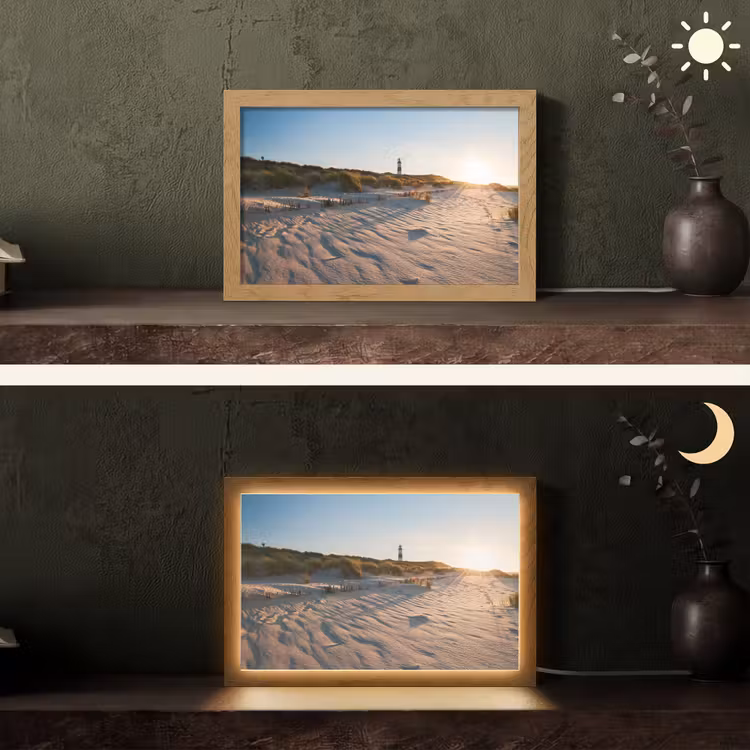 Zon - Duinen - Strand - Vuurtoren Light Box met kabel (Tafellamp) klein -sfeer3