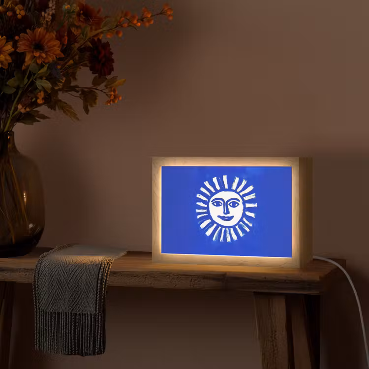 Zon - Gezicht - Penseelstructuur - Blauw Light Box met kabel (Tafellamp) klein -sfeer4