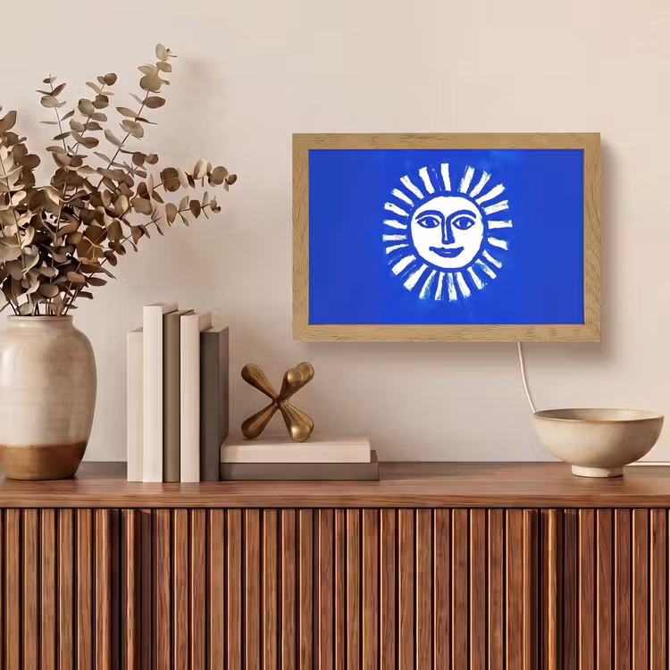 Zon - Gezicht - Penseelstructuur - Blauw Light Box met kabel (Tafellamp) klein -sfeer2