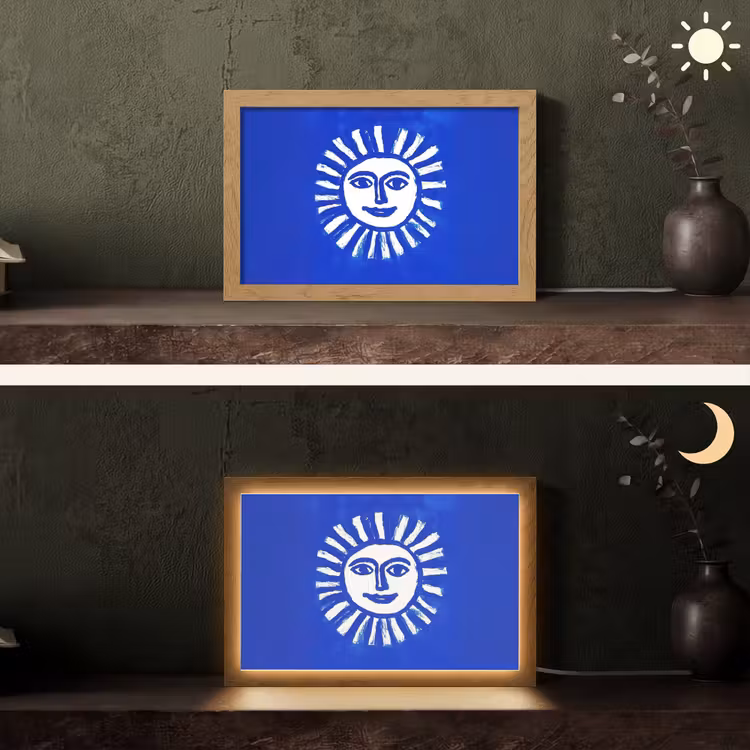 Zon - Gezicht - Penseelstructuur - Blauw Light Box met kabel (Tafellamp) klein -sfeer3